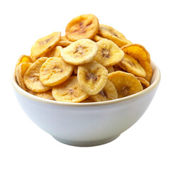 A bowl of banana chips and sliced bananas isolated on transparent background