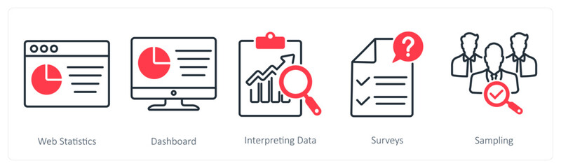 A set of 5 Statistics icons as web statistics, dashboard, interpreting data