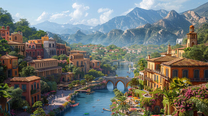 A charming traditional town built around a central plaza, with colorful houses, arched walkways, and outdoor dining areas overlooking a river and mountains.
