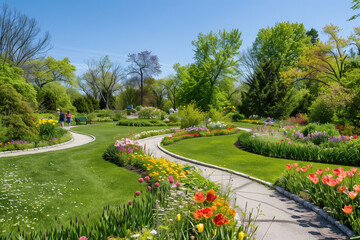 tranquil garden adorned with blooming flowers and winding paths, a commercial photo captures the serenity of leisurely strolls and quiet reflection. With individuals enjoying the b
