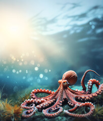 big octopus under water, copy space