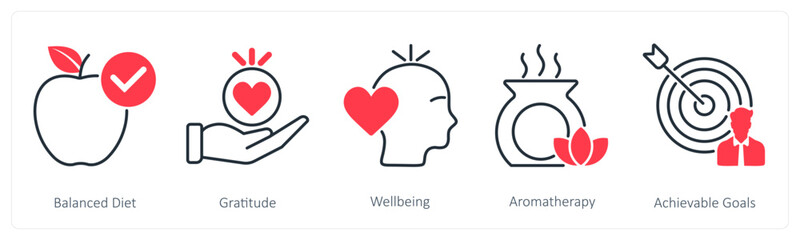 A set of 5 Wellness icons as balanced diet, gratitude, well being