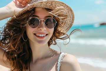 close up portrait of beautiful woman in hat and sunglasses on the summer beach