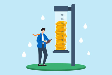 Flat illustration of coins in rain gauge businessman measuring returns and growth in investments