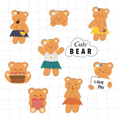 Set of hand drawn cute cartoon bear character showing various emotions. Bear sticker set.