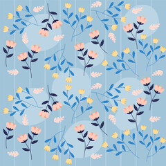 Pastel flowers pattern on blue background for fabric, textile, wrapping paper, surface pattern