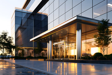 Modern corporate office building at sunset