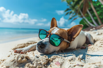 funny dog in sunglasses lying on the beach