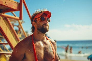 young male lifeguard on the summer beach