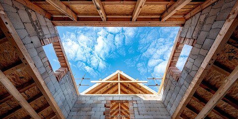 A wooden roof support in a building being built, walls constructed from autoclaved aerated cement blocks, unrefined window gaps, a strengthened brick beam, a scaffold, clear sky in the backdrop. - Powered by Adobe