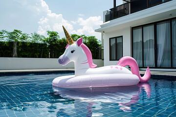 big inflatable unicorn shaped matress in swimming pool
