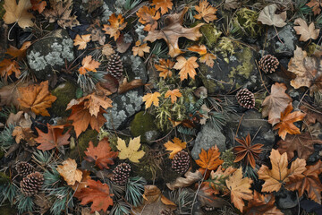 An overhead view of a forest floor covered in fallen leaves, pine needles, and moss, creating a textured carpet of foliage 