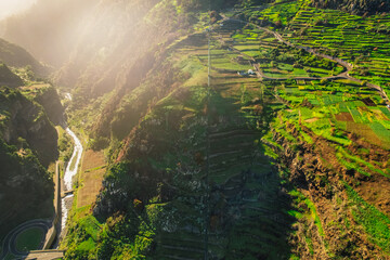 Aerial view of Ribeira da Janela beach with rock Ilheu Grande ,  Madeira Island, Portugal