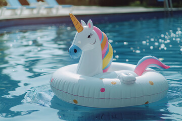 inflatable unicorn shaped matress in swimming pool