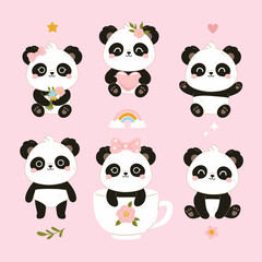 Set of cute baby kawaii pandas. Vector graphics.