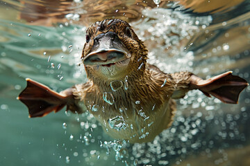 A platypus performing a quirky underwater dance, its bill contorted into a perplexed expression as it moves gracefully through the water