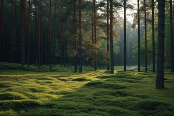 magic pinewood lawn. dark toned green forest. beautiful natural background