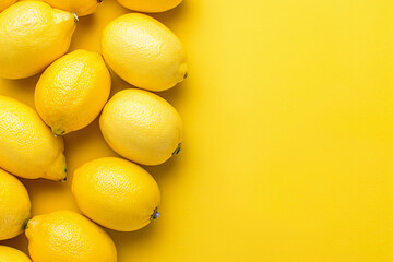 close up of lemons on the yellow background with copy space