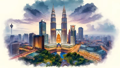 Fotobehang Aquarelschilderij wolkenkrabber watercolor painting of the iconic Petronas Twin Towers in Kuala Lumpur, Malaysia. The scene captures the towers' sleek architecture and the vibrant cityscape.  © Paintbrush