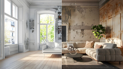 Contrast of time: pristine and worn interior design