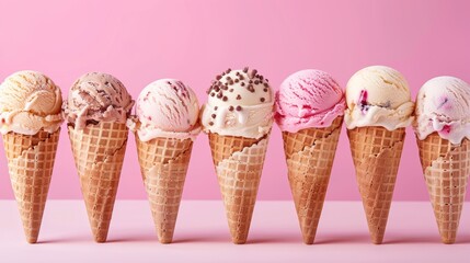 Dark pink background, 6 ice cream cones with different flavors