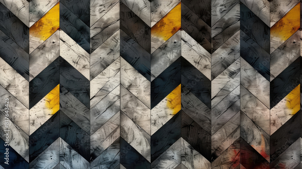Poster a black and white checkered pattern with yellow accents. the checkered pattern is made up of triangl
