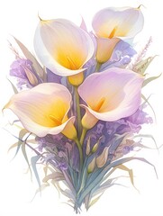 Obraz premium Calla lilies, drawn by watercolor paints, bright colors, rough 2D animation, children's book illustration, isolated on white background