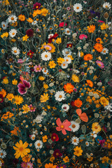 An overhead view of a field of wildflowers, with petals of varying textures and colors creating a vibrant landscape. 