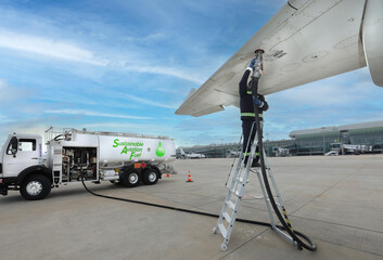 Technician is refueling aircraft with Sustainable Aviation Fuel (SAF) at the airport.