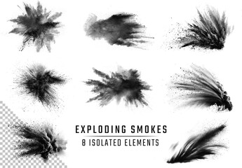 8 Isolated Black Smoke And Dust Explosion. Generative ai