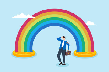 Flat illustration of businessman looking to coins sprouting rainbow colorful returns of investments