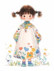Cartoon cute girl, full body, drawn by watercolor paints, bright colors, rough 2D animation, children's book illustration, isolated on white background