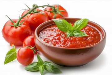 Authentic tomato marinara in a dish set apart on a blank background.
