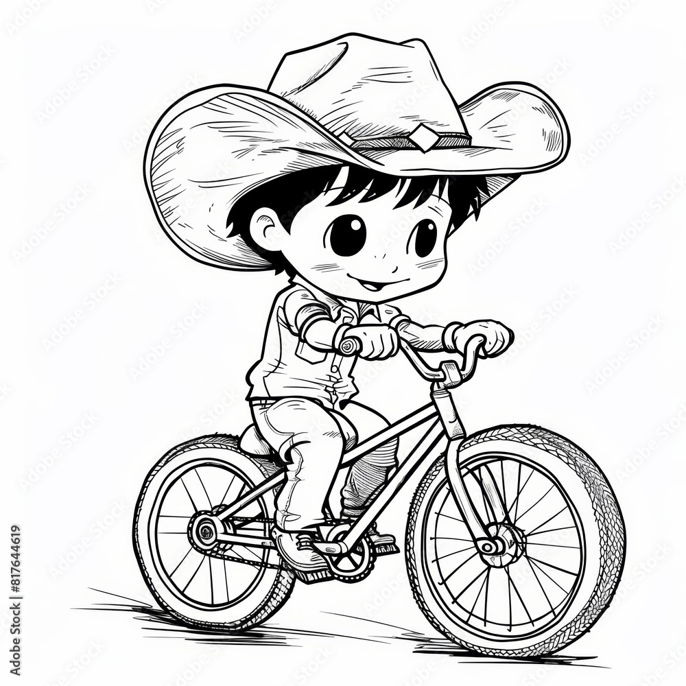 Poster chibi cowboy biking, drawn in black and white with clear, thick lines for a preschool coloring book,