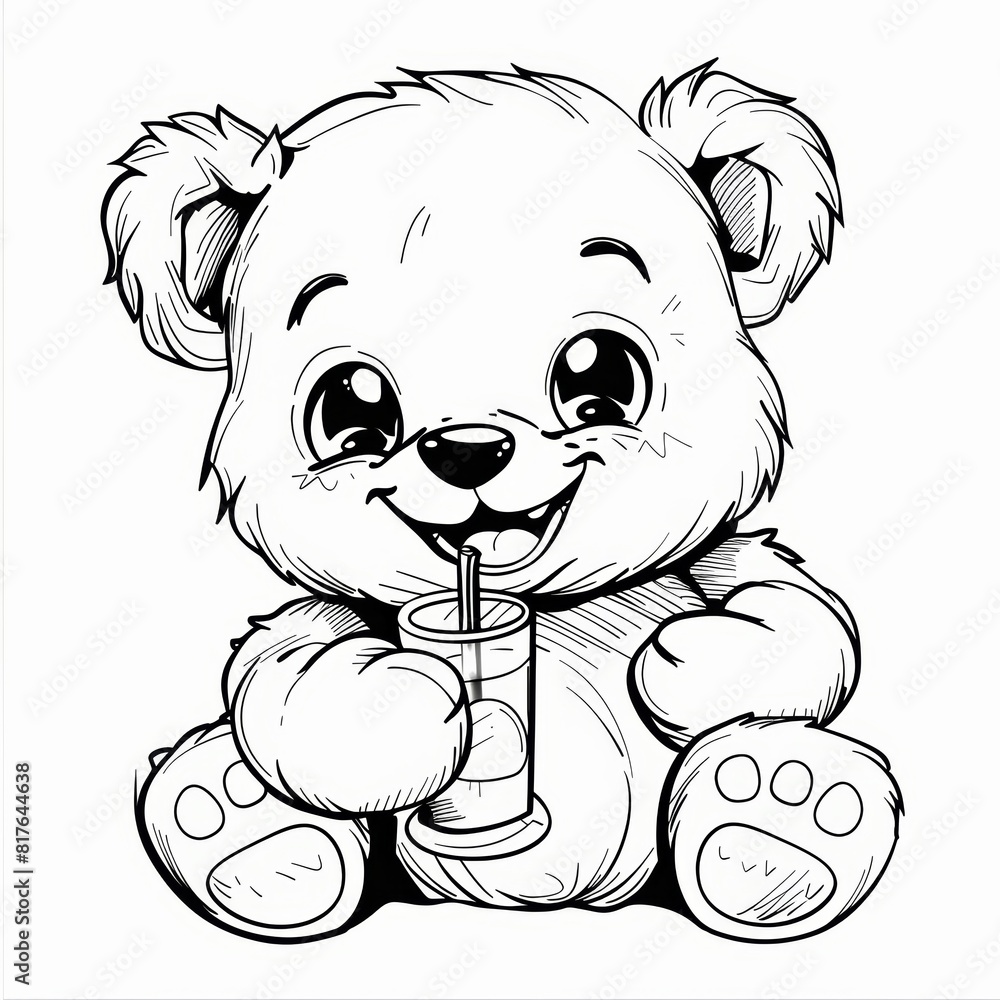 Sticker chibi bear plush toy drinking, drawn in monochrome with clear, thick lines for a preschool coloring 