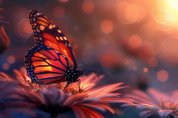 An artistic perspective of a butterfly resting delicately on a flower petal, its vibrant wings bathed in the soft light of the moon - Powered by Adobe