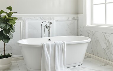 Modern bathroom interior with bathtub and towel