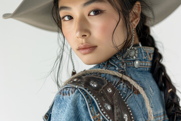Close-up portrait of an Asian cowgirl in a denim jacket and cowboy hat