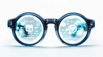 A pair of glasses with transparent displays showing AI-enhanced social media notifications, isolated on white background 