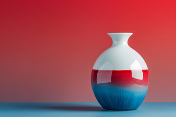 A red, white, and blue ceramic vase in a contemporary style, against a blue to red gradient background 