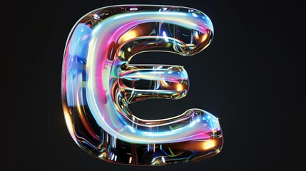 Gleaming 3-dimensional E in iridescent balloon bubble design. Polished finish with mirrored shine. Standalone 3D image, Y2K-inspired for contemporary aesthetics.