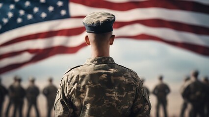 A man in a military uniform stands in front of the American flag