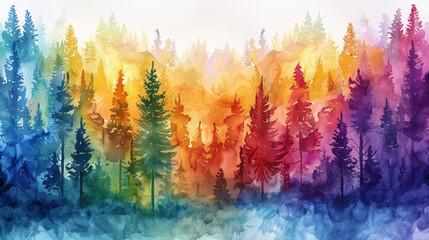 Abstract watercolor showing a forest with trees in rainbow colors 