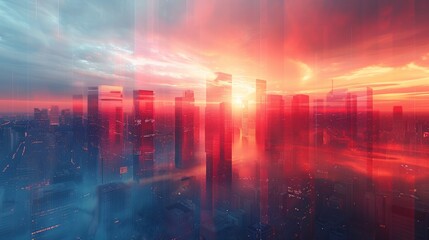 Naklejka premium Futuristic cityscape at sunset with red and blue hues, high-rise buildings, and an abstract aesthetic.