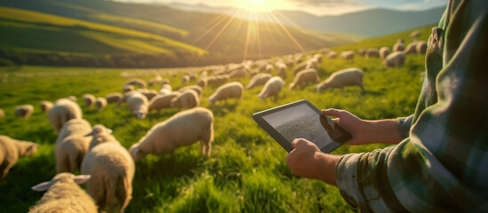 modern farm with technology concept background. young farmer use tablet in the sheeps farm