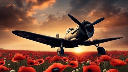 A black and white photo of a plane flying over a field of red poppies