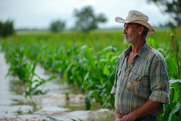 Obraz premium American farmer surveying his waterlogged crops after a heavy monsoon, a look of concern 