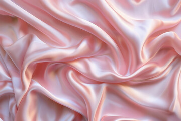 Fototapeta premium Aesthetic backdrop of wrinkled silk fabric in pastel pink, soft focus texture 