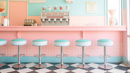 An old-fashioned soda fountain with stools and classic milkshake glasses, pastel colors 