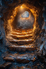 An ancient cave tunnel with rough, uneven surfaces, partially illuminated by a warm, golden light,...